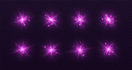 Lens flares with sparkles, pink starbursts set, shiny camera flashes.のイラスト素材