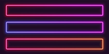 Neon gradient frames, rectangular glowing borders set, colorful futuristic UI design elements.のイラスト素材