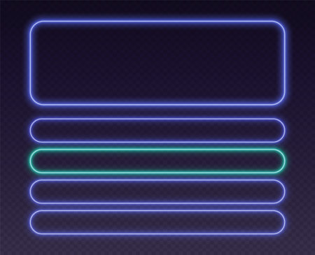 Neon quiz template, UI design for questionnaire with multiple answers. Glowing borders set for tv show contest.のイラスト素材
