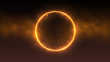 Neon circle frame with smoke cloud, glowing gradient ring with colorful fog and double border.のイラスト素材