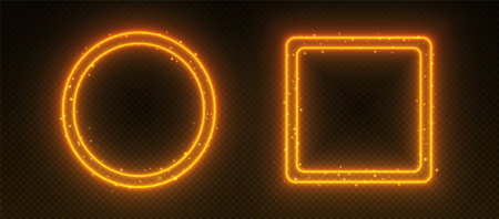 Neon frames, glowing borders with sparkles, orange led circle and square with double borders.のイラスト素材