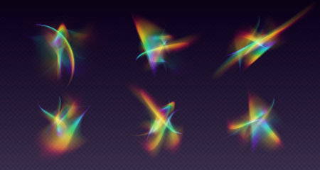 Refractions set, leak flare overlay, rainbow sunlight effect, holographic rays collectionのイラスト素材