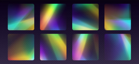 Crystal refraction stickers, leak flare, rainbow sunlight effect, holographic reflections in rounded rectangle shape.のイラスト素材