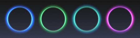 Neon glowing circle frames, futuristic gradient colorful rings, modern vector borders.のイラスト素材