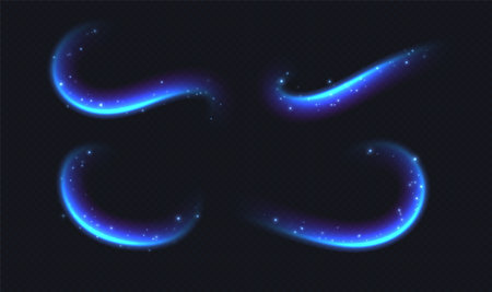 Blue speed lines, glowing motion effect. Cold air flow effect, fresh breeze, winter freezing wind, blue light trails.のイラスト素材