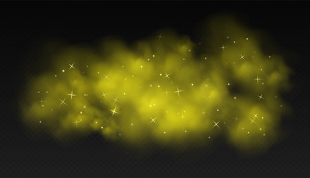 Yellow magic smoke with stars and sparkles, fog with glowing particles, colorful vapor with star dust.のイラスト素材