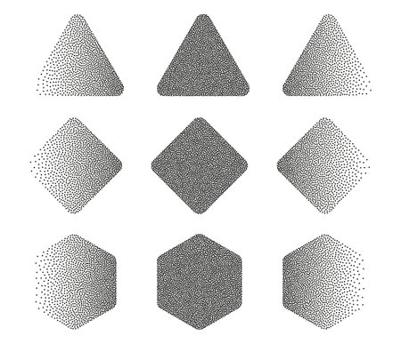 Dotwork abstract shapes, circle and square in black grain textureのイラスト素材