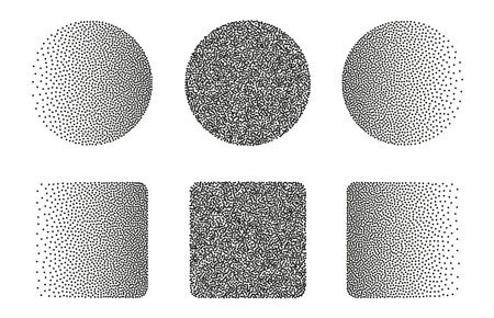 Dotwork abstract shapes, circle and square in black grain textureのイラスト素材