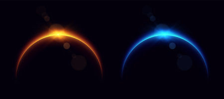 Planet eclipse, glowing flare on the horizon, sunrise over the globe. Crescent planet edge.