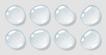Serum drops, clear gel droplets, realistic glossy liquid, moisturizing cosmetic product, hyaluronic acid concept.のイラスト素材
