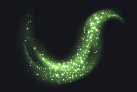 Green magic cloud with sparkles, stardust sparkling decoration. Glowing glitter smoke trail.のイラスト素材