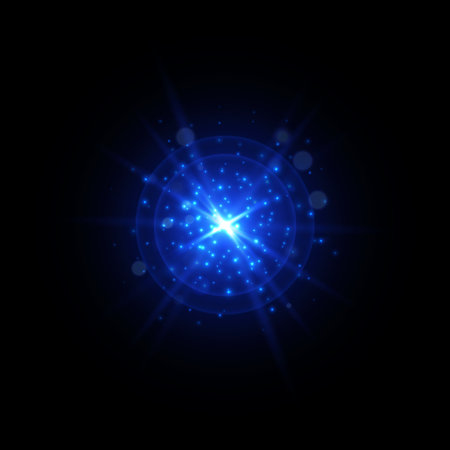 Blue magic flare light effect, glowing colorful star burst with shimmering sparkles with radiant beams.のイラスト素材