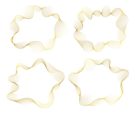 Abstract wavy frames set, golden flowing borders isolated on white.のイラスト素材