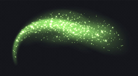 Green magic cloud with sparkles, stardust sparkling decoration. Glowing glitter smoke trail.のイラスト素材