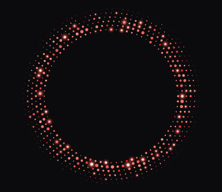 Red halftone frame, glowing circle borders, round pattern with dots, radial disco luxury design element.のイラスト素材