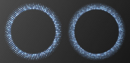 Blue halftone frames, glowing circle borders, round pattern with dots, radial disco luxury design element.のイラスト素材