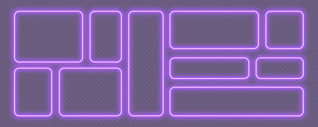 Neon glowing frames, purple night banners, bright illuminated borders. Rectangular design elements.のイラスト素材
