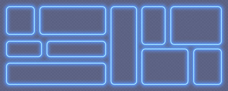 Neon glowing frames, blue night banners, bright illuminated borders. Rectangular design elements.のイラスト素材