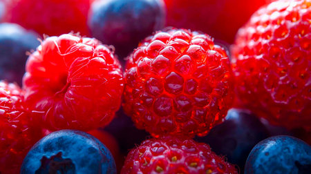 Raspberries and blueberries close-up macro photography, selective focusの素材