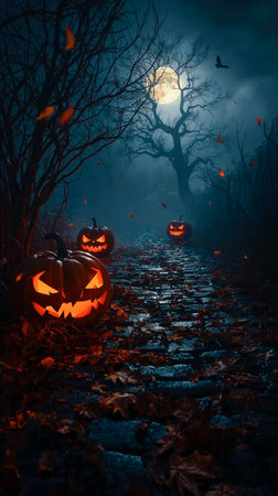 Halloween pumpkins with scary faces in foggy forest at nightの素材