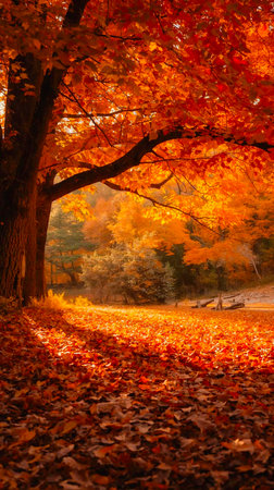 Autumn landscape with colorful leaves on the ground in the park.の素材