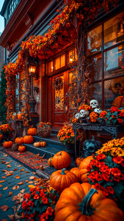 Halloween decorations in front of a gothic house with pumpkinsの素材