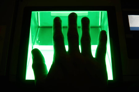 green cybersecurity digital fingerprint scanning on a green screenの写真素材