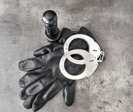 German police equiptment on grey background.の写真素材