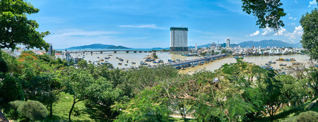 Panorama from the Po Nager Cham Tower hill to the City of Nha trang, Vietnam.の写真素材