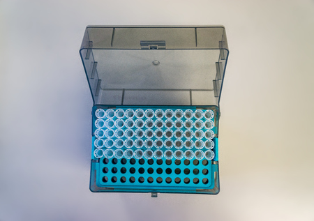 Pipette tips from a laboratory in a container top view.の写真素材