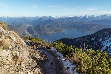 Panoramic view from Herzogstand to Kochelsee and Walchenseeの写真素材