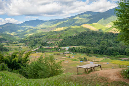 Beautiful landscape scenic of rice field in the countryside called "Sapun" in Nan, Northern of Thailand.の写真素材
