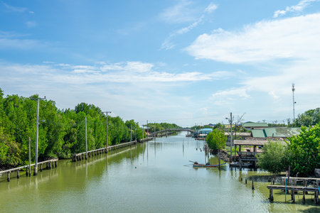 Beautiful scenic of the Khlong Sahakon from Bangkhunthian with the mangroove forest and the seaside village along the river in Bangkok, Thailand.の写真素材