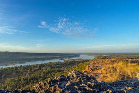 Beautiful natural scenic with green conservation forest along with the Mekong river in Thailand by the view from Pha Taem Hill parks.の写真素材