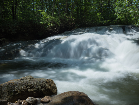 Wide waterfall is flowing in Fukushima, Japanの写真素材