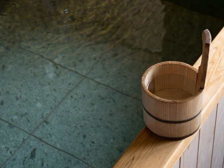 Wooden pail  of Japanese hot springの写真素材
