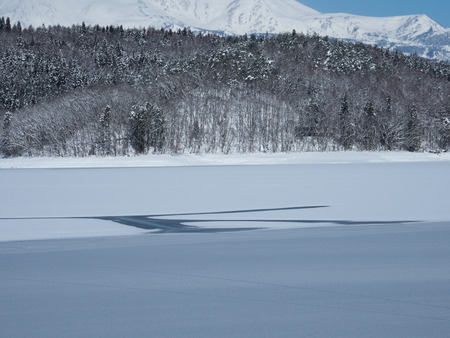 Frozen Aoki Lake in Nagano, Japanの写真素材