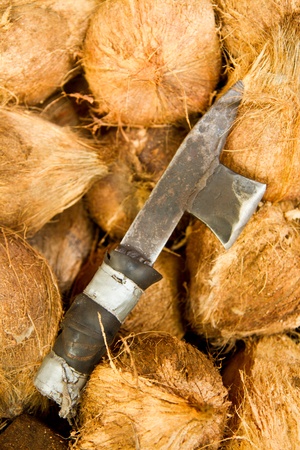 coconuts and  big knifeの写真素材