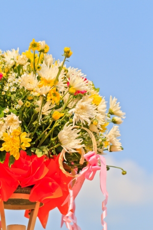 Beautiful white  gerberas and roses on blue sky backgroundの写真素材
