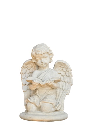 Statue baby goddess is reading, Isolated on white backgroundの写真素材