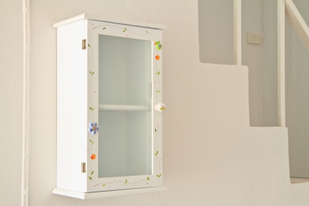 White medicine  cupboard on a white wall backgroundの写真素材