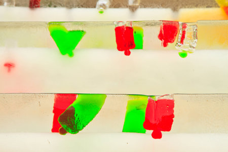 green and red sweet drink in big ice background