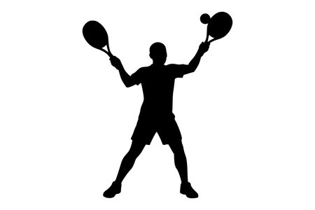 This striking vector illustration captures the dynamic energy of a tennis player in the midst of serving a ball. The silhouette design, rendered in solid black against a clean white background, emphasizes the athletic form and the intensity of the sport. The player is depicted with arms raised, one racket poised to strike the ball, while the other racket is held high, showcasing a powerful and focused moment. The pose is athletic and engaging, conveying movement and skill. This versatile graphic is ideal for a wide range of applications, including sports-themed websites, fitness app interfaces, promotional materials for sporting events, athletic apparel branding, and educational content about tennis. Its minimalist aesthetic ensures it integrates seamlessly into various design projects, appealing to a broad audience interested in sports, health, and active lifestyles. The isolated nature of the illustration allows for easy manipulation and placement within any design layout, making it a valuable asset for graphic designers, marketers, and content creators seeking impactful visuals. The clean lines and bold silhouette make it instantly recognizable and memorable, perfect for conveying themes of competition, dedication, and the thrill of the game.のイラスト素材