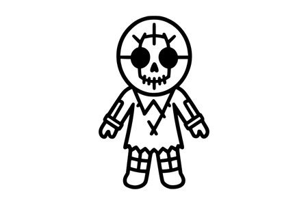 This striking vector illustration features a stylized, spooky scarecrow character, perfect for a wide range of Halloween-themed projects. The design showcases a circular head with a skull-like face, complete with empty eye sockets and a grinning mouth, adorned with simple, twig-like protrusions. Its body is depicted as a rough, sack-like garment with a jagged neckline and stitched details, hinting at its homemade origins. The scarecrow's limbs are similarly rendered with a rustic, stitched appearance, and its legs are designed to resemble patched trousers. The overall aesthetic is a bold, black-and-white graphic style, offering a clean and versatile look that can be easily adapted to various color palettes. This isolated graphic is ideal for digital and print applications, including website graphics, social media posts, party invitations, posters, t-shirt designs, and any creative endeavor requiring a touch of eerie charm. Its simple yet impactful design makes it suitable for both playful and genuinely frightening themes, appealing to designers and content creators looking for unique Halloween imagery. The vector format ensures scalability without loss of quality, making it a valuable asset for any design toolkit.のイラスト素材