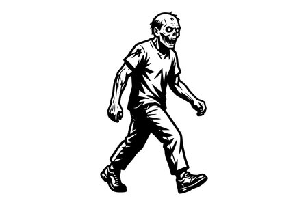 This striking monochromatic vector illustration features a classic zombie character in mid-stride, exuding a chilling yet stylized aura. Rendered in bold black and white, the artwork emphasizes sharp lines and dramatic contrast, creating a powerful visual impact. The zombie is depicted with decaying features, vacant eyes, and tattered clothing, embodying the iconic horror archetype. Its dynamic pose suggests movement and pursuit, making it an ideal graphic for a variety of applications. This versatile illustration is perfect for Halloween-themed designs, including party invitations, decorations, and merchandise. It can also be effectively used for t-shirt graphics, posters, website banners, social media content, and any project requiring a touch of the macabre or a distinctive horror aesthetic. The clean vector format ensures scalability for both digital and print media without loss of quality. Its isolated nature on a white background allows for easy integration into diverse design layouts. This artwork appeals to fans of horror, gothic themes, and unique graphic art, offering a compelling visual element for creative projects.のイラスト素材