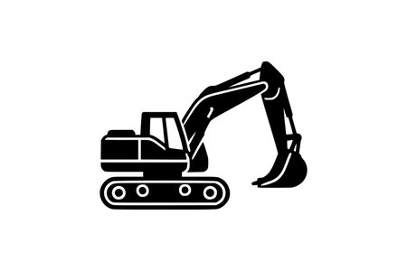This striking vector illustration features a bold, black silhouette of an excavator, a quintessential piece of heavy machinery, set against a clean white background. The minimalist design emphasizes the iconic form of the excavator, showcasing its powerful boom, dipper, and bucket, as well as its sturdy tracked base and operator cabin. The graphic style is modern and clean, making it highly versatile for a wide range of applications.  Ideal for construction companies, engineering firms, industrial websites, and any project related to earthmoving, development, or infrastructure.  This versatile image can be used in logos, website graphics, marketing materials, presentations, infographics, and print media. Its isolated nature on a white background ensures easy integration into any design layout. The clear lines and strong contrast make it easily recognizable and impactful.  This royalty-free illustration is perfect for commercial use, offering a professional and dynamic visual element for businesses seeking to convey strength, efficiency, and industrial expertise.  It's a timeless representation of construction power.のイラスト素材