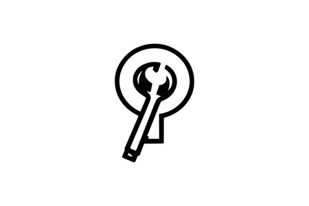 This striking vector illustration features a bold, abstract design that merges the imagery of a wrench and a keyhole into a cohesive symbol of solutions and repair. The primary element is a circular outline, reminiscent of a lock or a portal, within which a stylized wrench is intricately placed. The wrench's open-ended head fits perfectly within the upper curve of the circle, while its handle extends downwards, forming the stem of a keyhole shape that pierces through the bottom of the circle. The entire composition is rendered in a clean, high-contrast black and white palette, emphasizing its graphic and symbolic nature. The thick, consistent linework gives the illustration a modern and robust feel, suitable for a variety of applications. This versatile graphic is ideal for representing concepts such as problem-solving, technical support, mechanical services, engineering, innovation, or unlocking potential. Its minimalist aesthetic makes it highly adaptable for use across digital platforms like websites, apps, and social media, as well as in print materials such as brochures, presentations, and branding. The design is universally understood, appealing to a broad audience seeking clear visual communication for service-oriented or technical themes.のイラスト素材