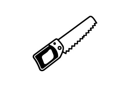 This striking vector illustration features a classic hand saw, rendered in bold black and white lines. The image showcases the tool's essential components: a sharp, serrated blade designed for cutting, and a robust handle providing a secure grip. The clean, minimalist style makes it highly versatile for a wide range of applications. The saw is presented in a dynamic, slightly angled perspective, suggesting action and utility. Its isolated nature on a pure white background ensures  integration into any design layout, whether for web, print, or digital media. This graphic is perfect for conveying themes of manual labor, craftsmanship, home improvement, DIY projects, and the construction industry. Designers working on websites, brochures, presentations, social media campaigns, or educational materials related to tools, woodworking, or repair will find this illustration to be an invaluable asset. The high-quality vector format allows for infinite scalability without loss of resolution, ensuring crisp and clear visuals at any size. Its simple yet effective design appeals to a broad audience, from hobbyists to professional tradespeople.のイラスト素材