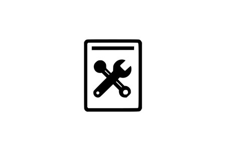 This striking black and white vector illustration features a stylized icon representing technical assistance or repair services. The central graphic displays a crossed wrench and spanner, tools commonly associated with mechanics, engineering, and maintenance, superimposed on a simplified representation of a document or page. A horizontal line above the tools suggests a header or title section of a manual or report. The minimalist, clean design in solid black against a white background makes this graphic highly versatile and easily recognizable. It's ideal for conveying concepts such as technical support, troubleshooting, settings, user guides, manuals, or DIY projects. The icon's simplicity ensures it scales well across various platforms, from small app icons and website buttons to larger print materials like brochures and presentations. This graphic is perfect for businesses offering technical services, software developers, educational platforms, or any entity that needs to communicate a message of repair, setup, or assistance. Its modern, flat design aesthetic aligns with current design trends, making it a valuable asset for web designers, graphic artists, and content creators seeking a professional and impactful visual element.のイラスト素材
