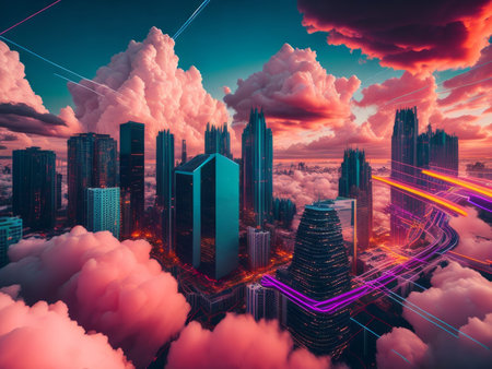 Futuristic city of the future with colorful skyscrapers that look like diagrams. AI generatedの素材